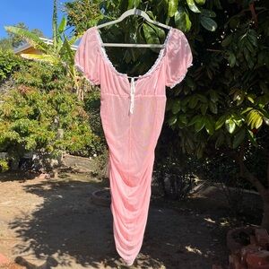 DAISY DAISY TV pink knit mesh lace trim sheer ruched bodycon off shoulder mini